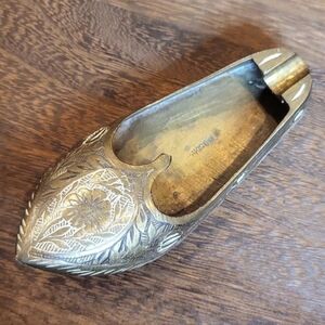 Vintage Brass Ornate Etched Slipper Shoe Ashtray and/or Incense Burner Holder